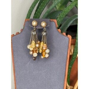 Vintage Coro Cha Cha Earrings Art Glass Bead Fringe Dangle Gold Tone Clip On 50s